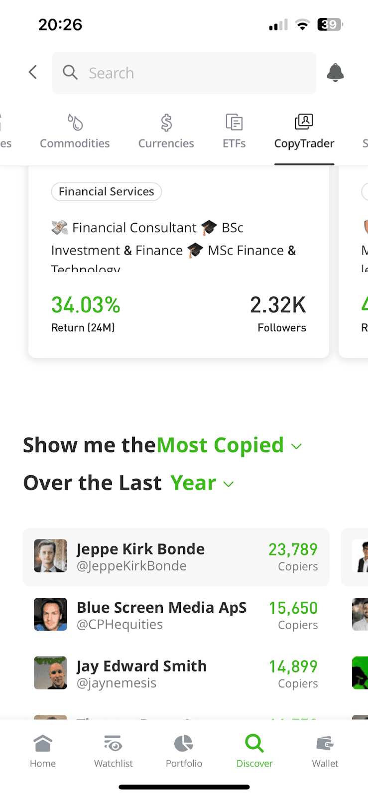 eToro's CopyTrader tab ranking its most-copied investors by follower count