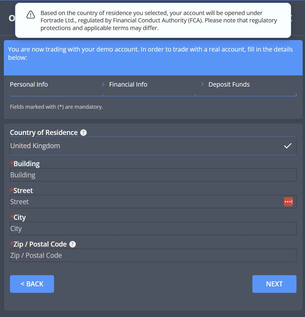 Fortrade's real-account application with United Kingdom selected as country of residence, showing a banner reading that the account will be opened under Fortrade Ltd., regulated by Financial Conduct Authority (FCA), and that regulatory protections and applicable terms may differ. Captured 12 August 2026.