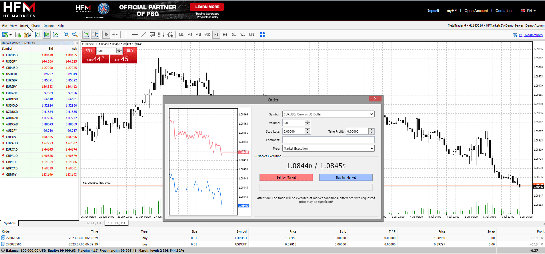 HFM's MetaTrader 4 order ticket running on its HFMarketsSV demo server
