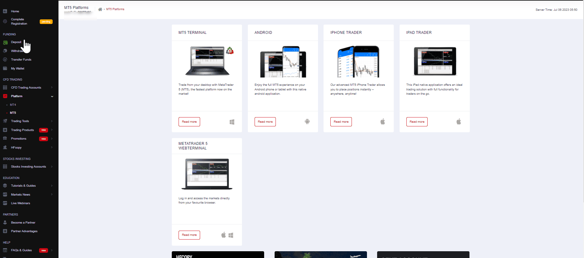 HFM's client portal listing the MT5 terminal, Android, iPhone and iPad apps