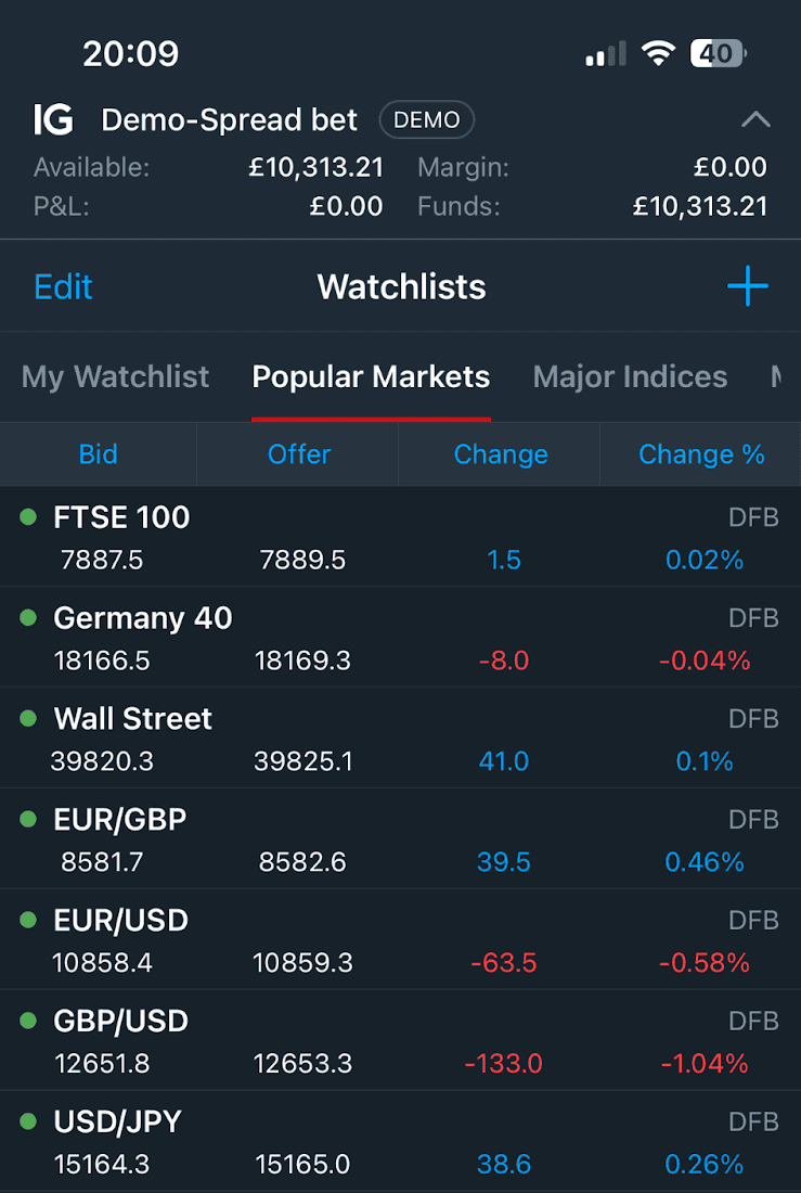 IG's app watchlist quoting FTSE 100, Germany 40 and the FX majors