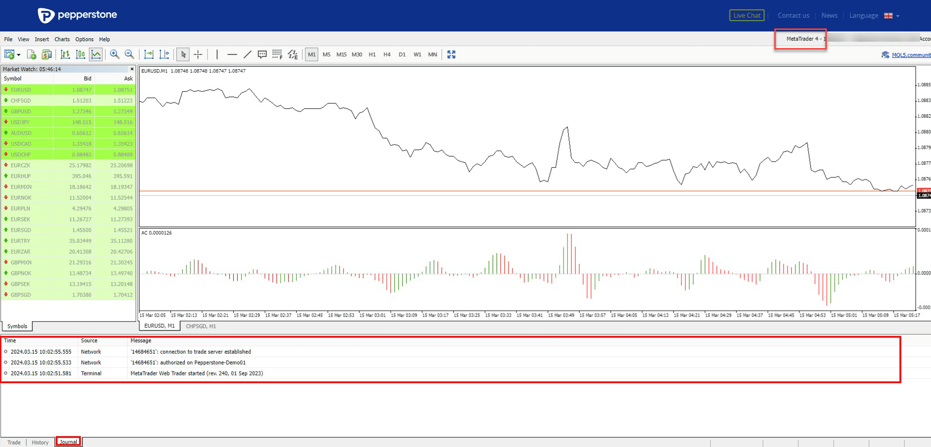 Pepperstone's MT4 web terminal journal confirming the trade server connection