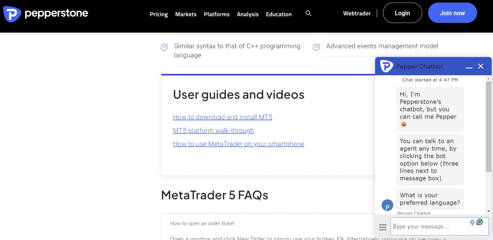 Pepperstone's MT5 user guides, walkthrough videos and FAQ list