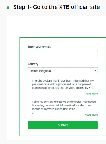 XTB's demo account signup with United Kingdom set as the country