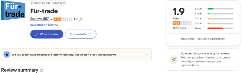 Trustpilot profile header for fortrade.com showing a 1.9 rating from 557 reviews under a Poor label and the display name Fur-trade, captured 12 August 2026.