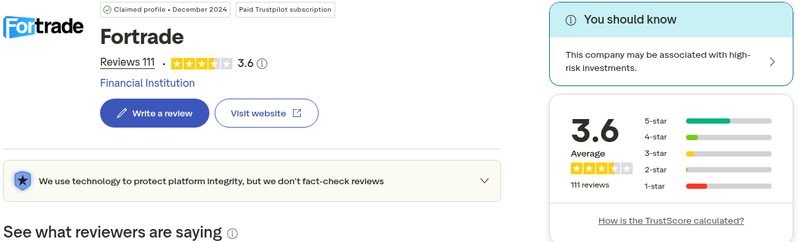 Trustpilot profile header for fortrade.co.uk showing a 3.6 rating from 111 reviews, an Average label and a You should know panel about high-risk investments, captured 12 August 2026.